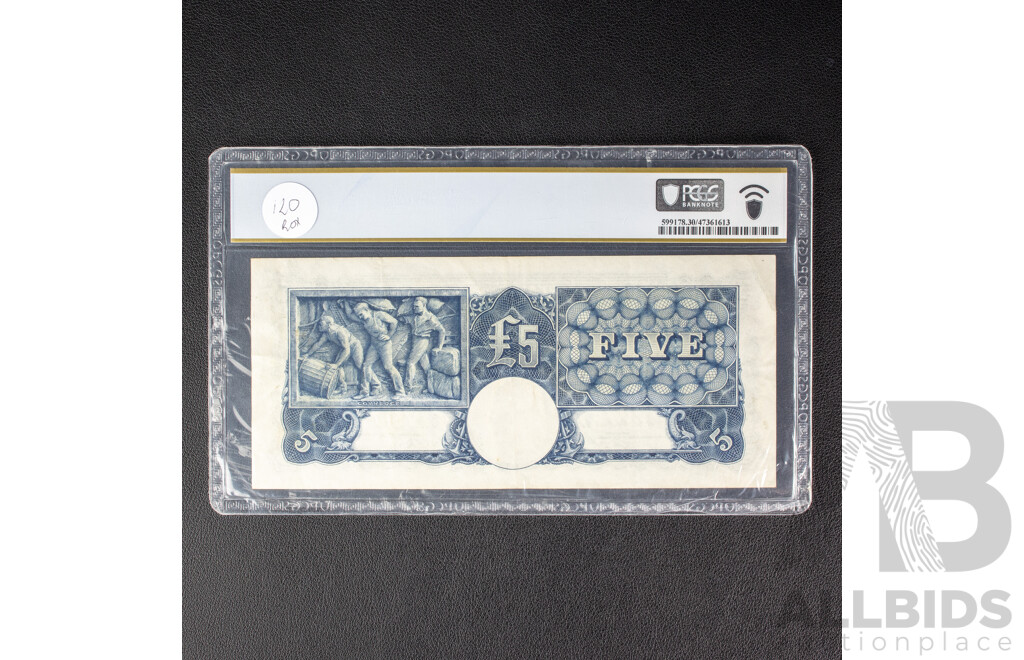 Australian 1949 C of A five pound note.Coombs Watt PCGS grading VF. S5 976463