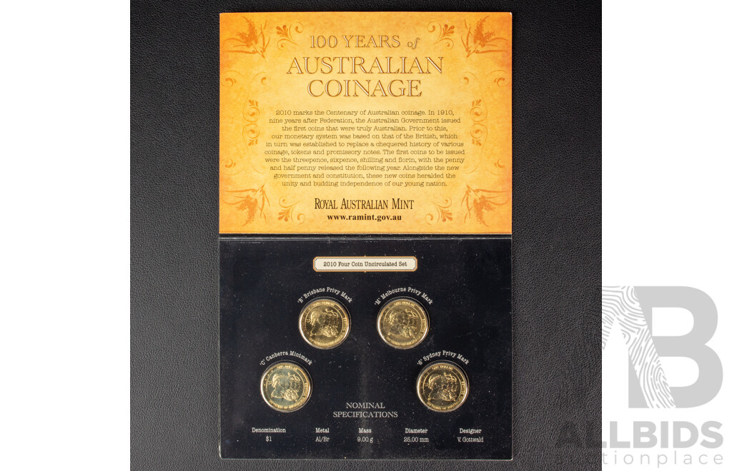 Australian 2010 Four One Dollar Coin Set, 100 Years Australia Coinage.