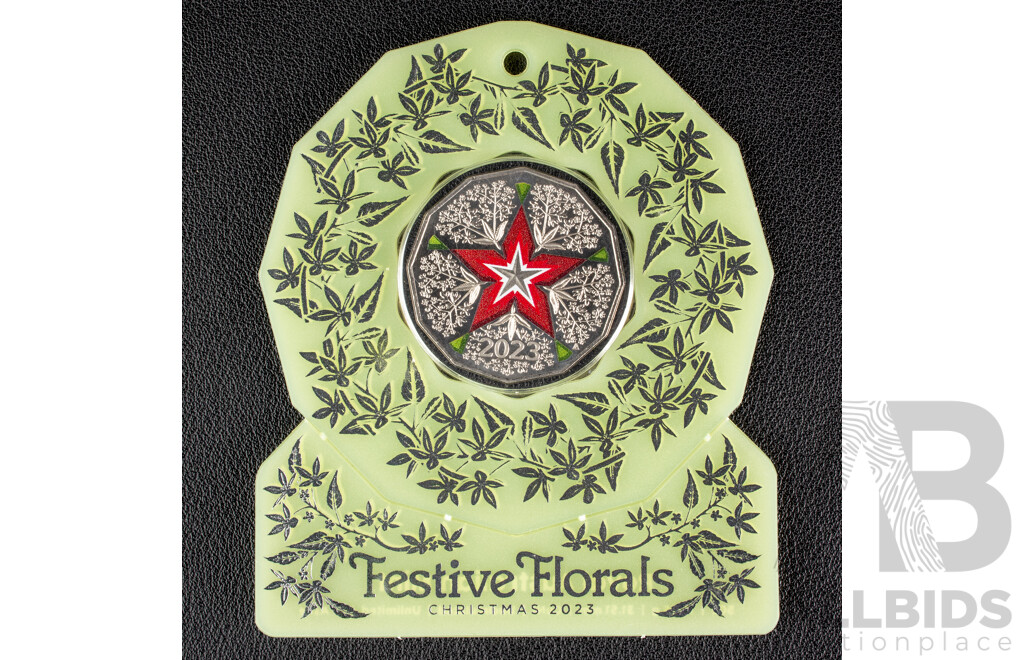 Australian 2023 Fifty Cent Coin Christmas Festive Florals Coloured