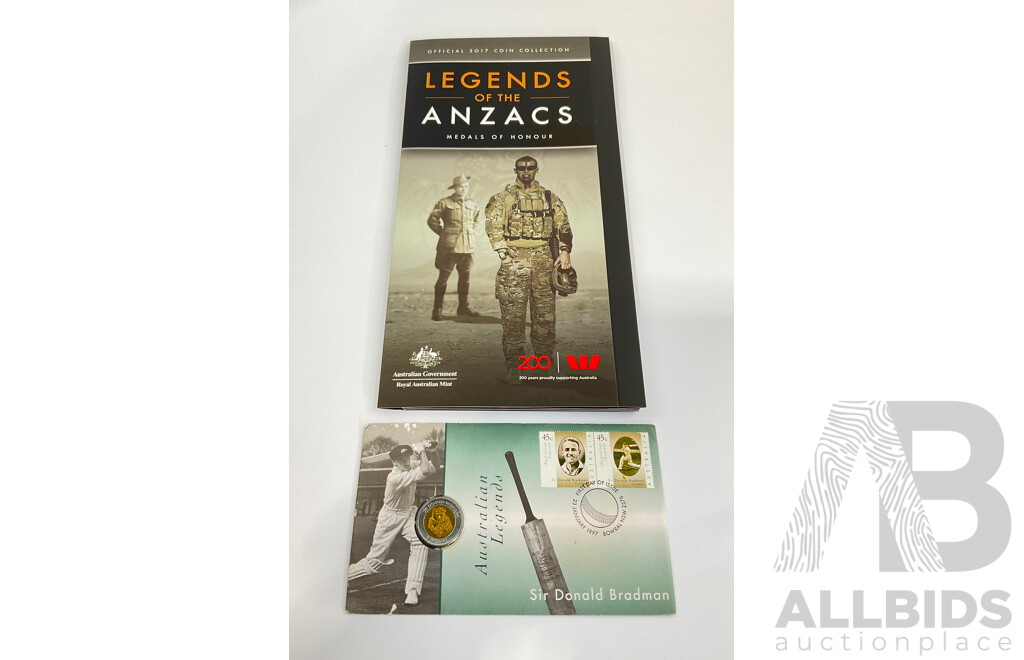 Australian 1997 Five Dollar Sir Donald Bradman PNC and 2017 Legends of the ANZACS Empty Folder