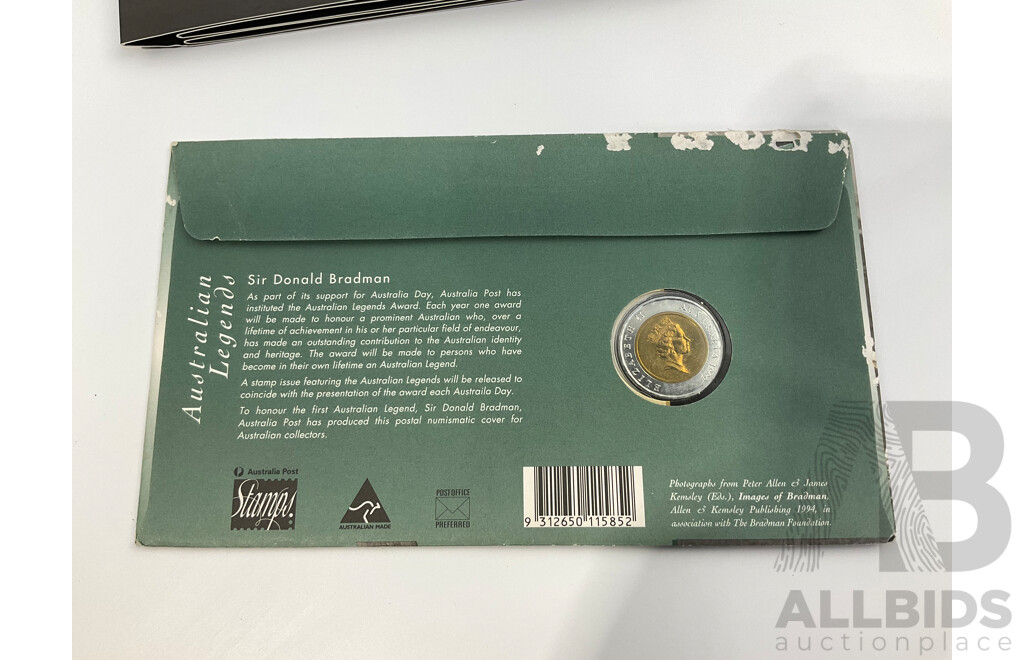 Australian 1997 Five Dollar Sir Donald Bradman PNC and 2017 Legends of the ANZACS Empty Folder