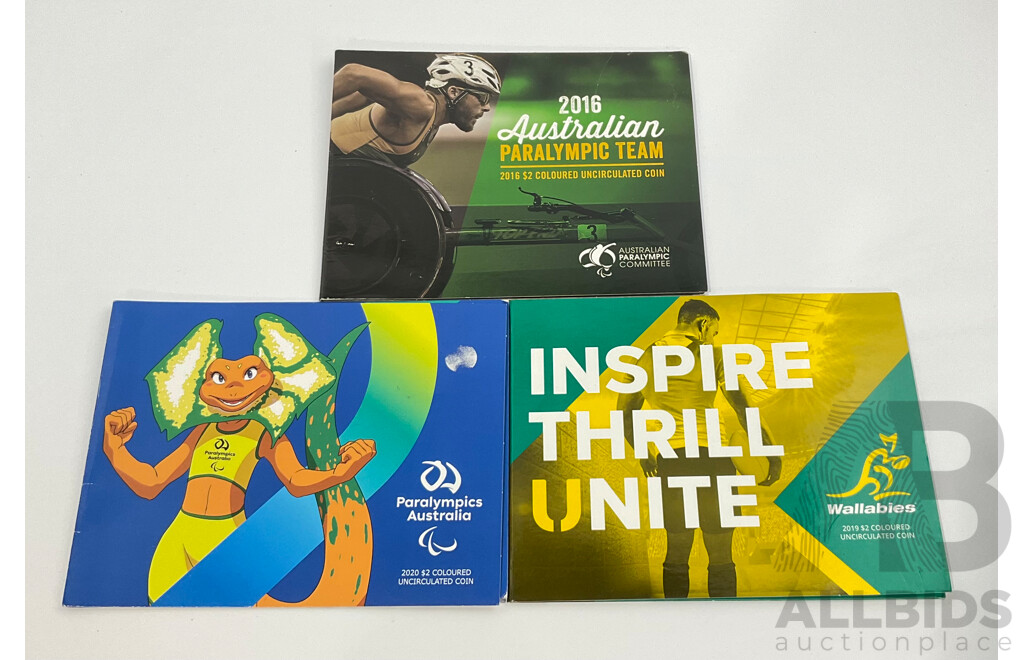Australian RAM UNC Two Dollar Coins Coins Including 2016 Paralympic Team, 2019 Wallabies, 2020 Paralympics Australia