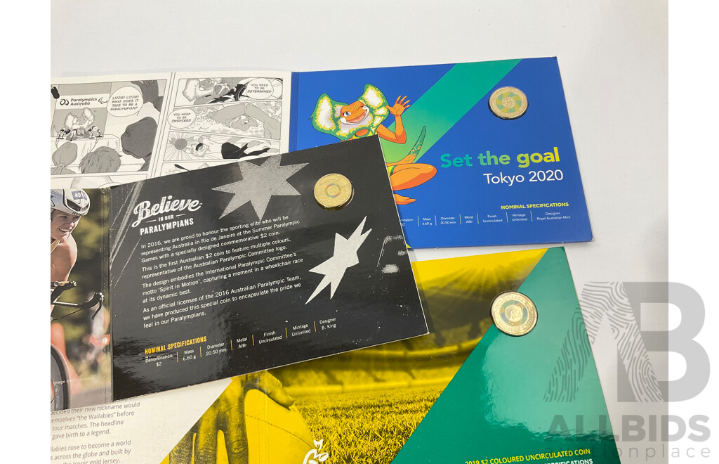 Australian RAM UNC Two Dollar Coins Coins Including 2016 Paralympic Team, 2019 Wallabies, 2020 Paralympics Australia
