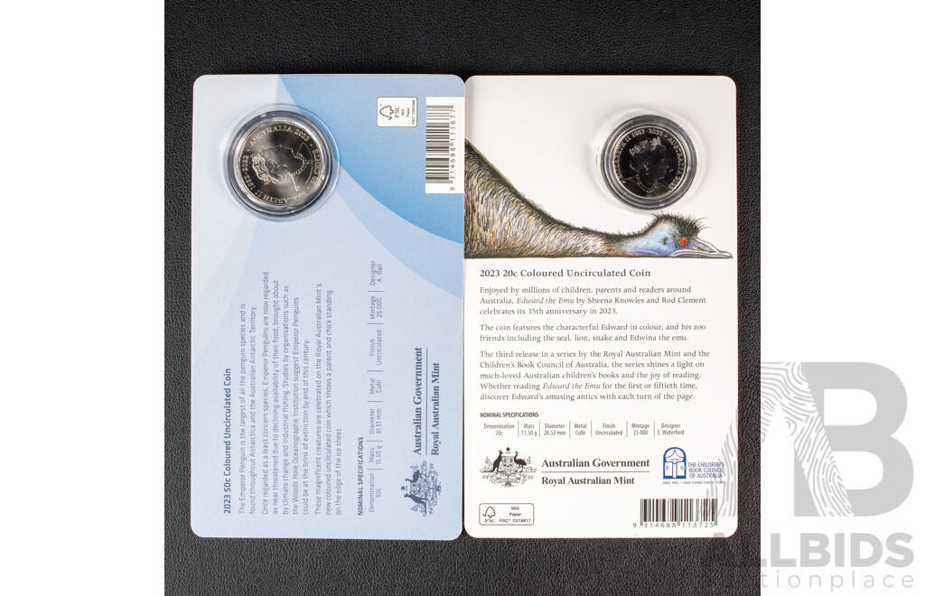 Australian 2022 Twenty Cent, 2023 Fifty Cent Coloured Coins 