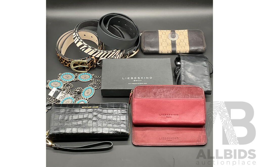 Collection of Fashion Accessories, Including Black Michael Kors Wallet, LIEBESKIND of Berlin Travel Set, DAVID LAWRENCE and SABA Belt and More - Lot of 8