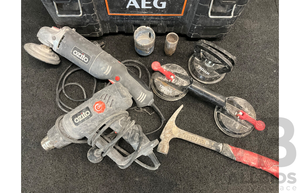 AEG Quickstack Toolbox, OZITO Angle Grinder and Heat Gun, TROJAN Suction Cups and Hammer, and Others
