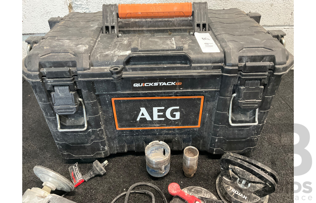 AEG Quickstack Toolbox, OZITO Angle Grinder and Heat Gun, TROJAN Suction Cups and Hammer, and Others