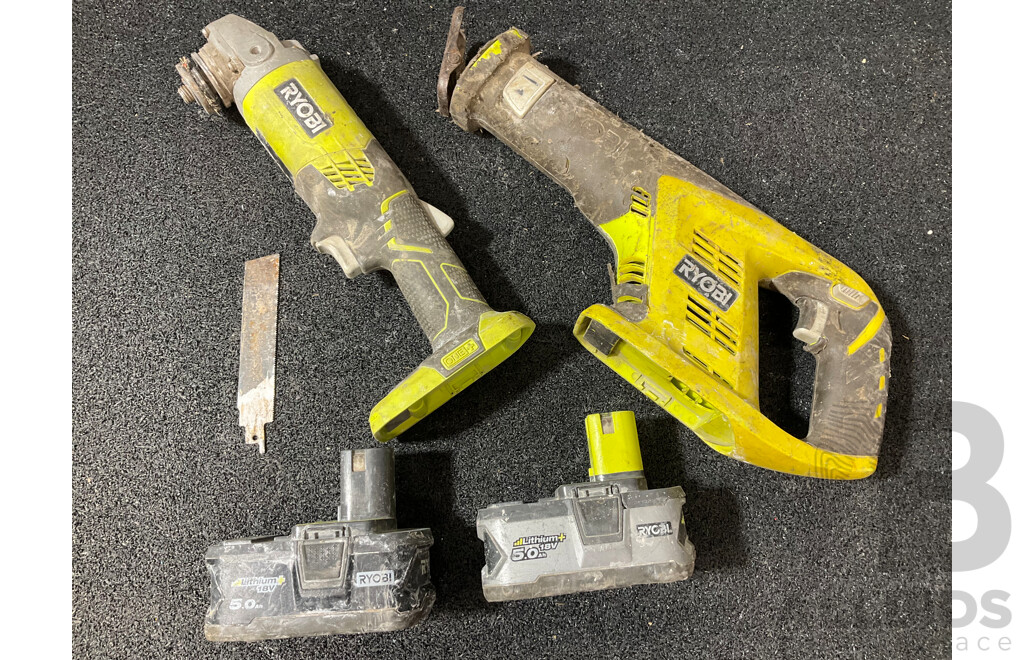 RYOBI One+ 18V Angle Grinder and Reciprocating Saw with Two 5.0Ah Batteries - Lot of 4