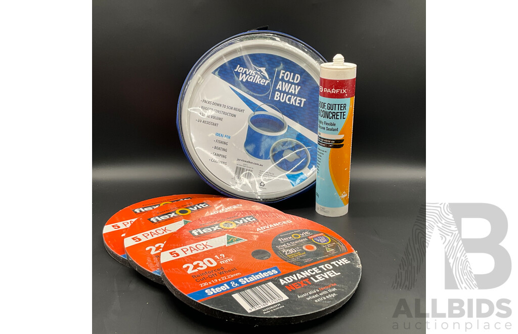 Flexovit Reinforced Cut-Off Wheel, Jarvis Walker Foldable Bucket and Parfix Silicone Sealant
