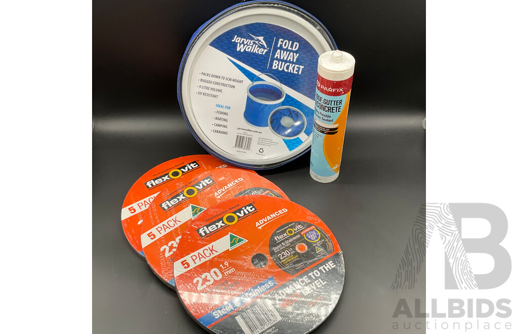 Flexovit Reinforced Cut-Off Wheel, Jarvis Walker Foldable Bucket and Parfix Silicone Sealant