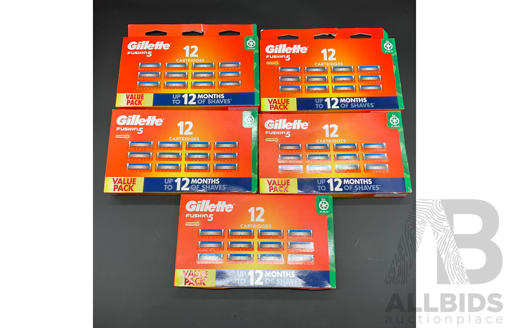 GILLETTE Fusion 5 Power Razor Blades 12 Pack - Lot of 5