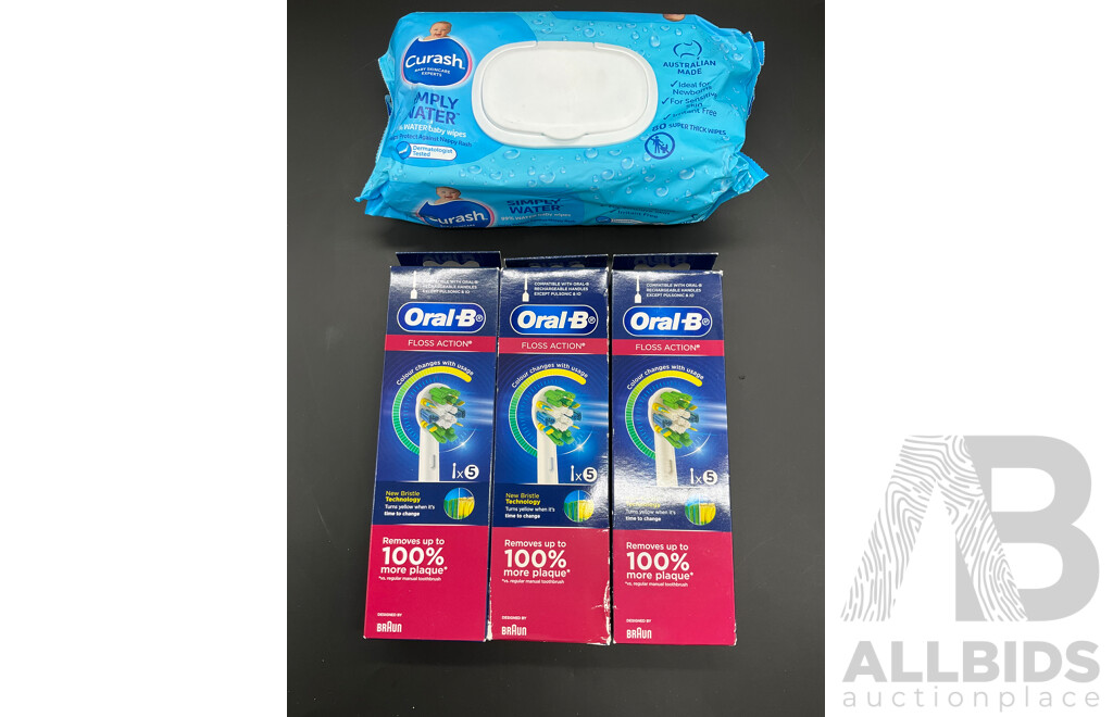 ORAL-B Floss Action Replacement Brush Heads (3x5pcs)  and CURASH Babycare Wipes - Lot of 4