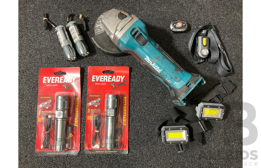 MAKITA 18V LXT Angle Grinder (DGA452) and Assorted Torches and Head Lamps - Lot of 9