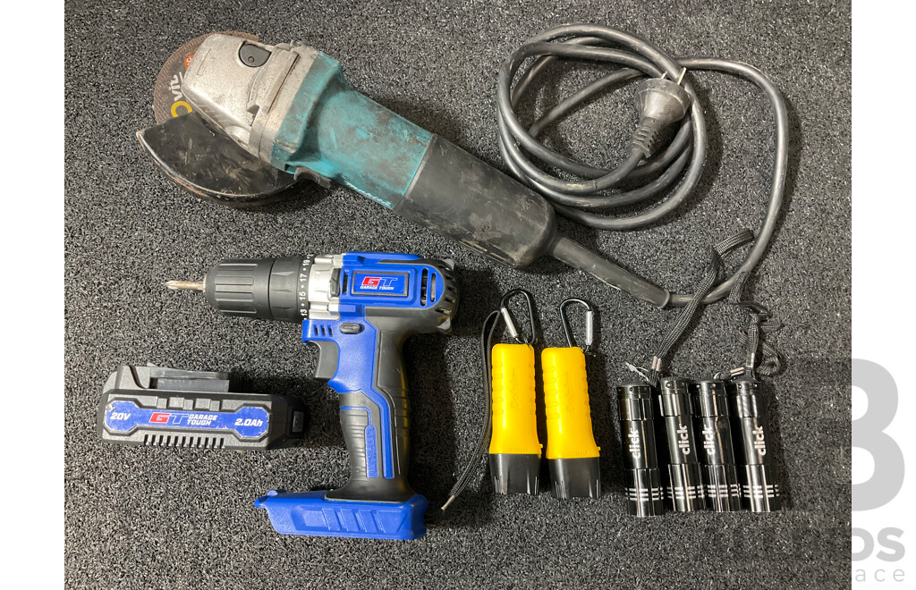 MAKITA Corded Angle Grinder, GT Drill Driver with Battery and Assorted Torches - Lot of 9