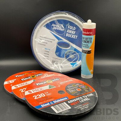 Flexovit Reinforced Cut-Off Wheel, Jarvis Walker Foldable Bucket and Parfix Silicone Sealant