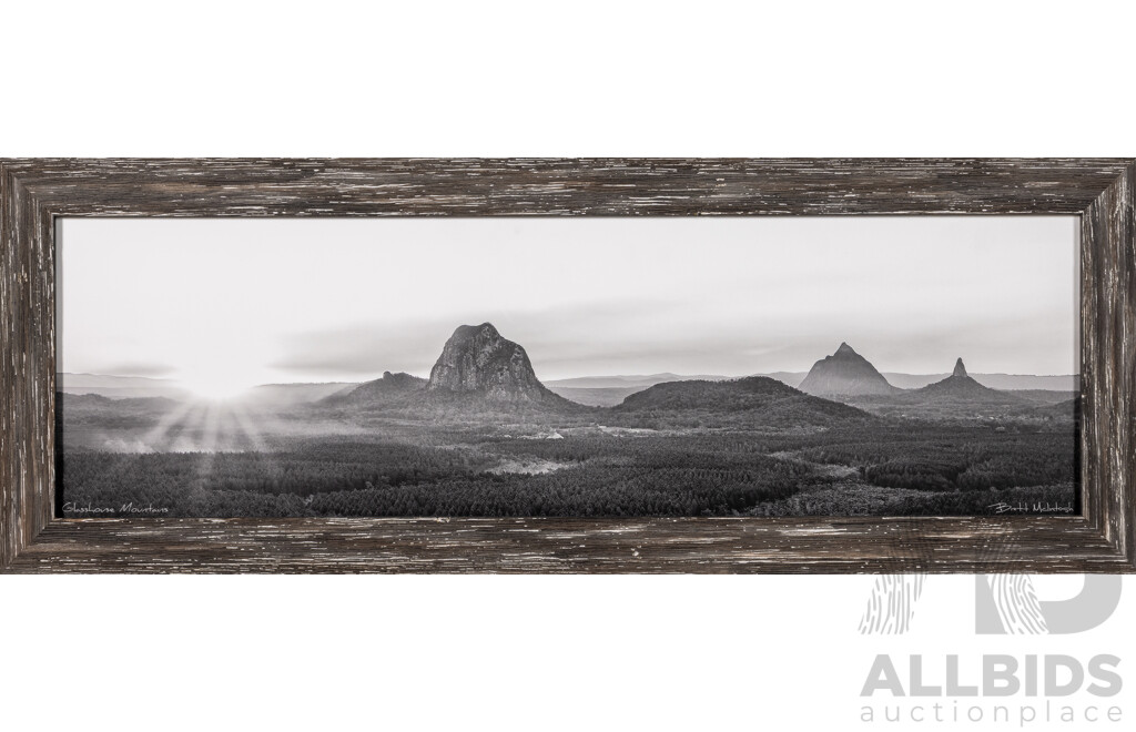 Brett McIntosh, (20th Century, Australian), Glasshouse Mountains, Wonderful Mixed Media Photographic Print, 29 x 79 cm (frame)