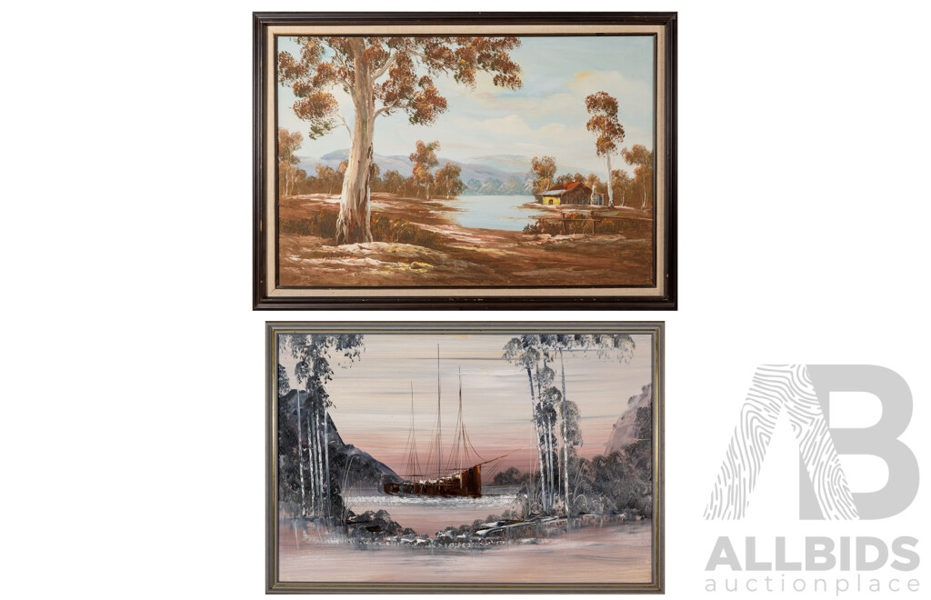 Artists Unknown (20th Century), Lone Boat & Cottage by the Water, Lovely Pair of Vintage Landscapes, Oil on Masonite & Acrylic on Canvas, 72 x 103 cm (largest frame) (2)