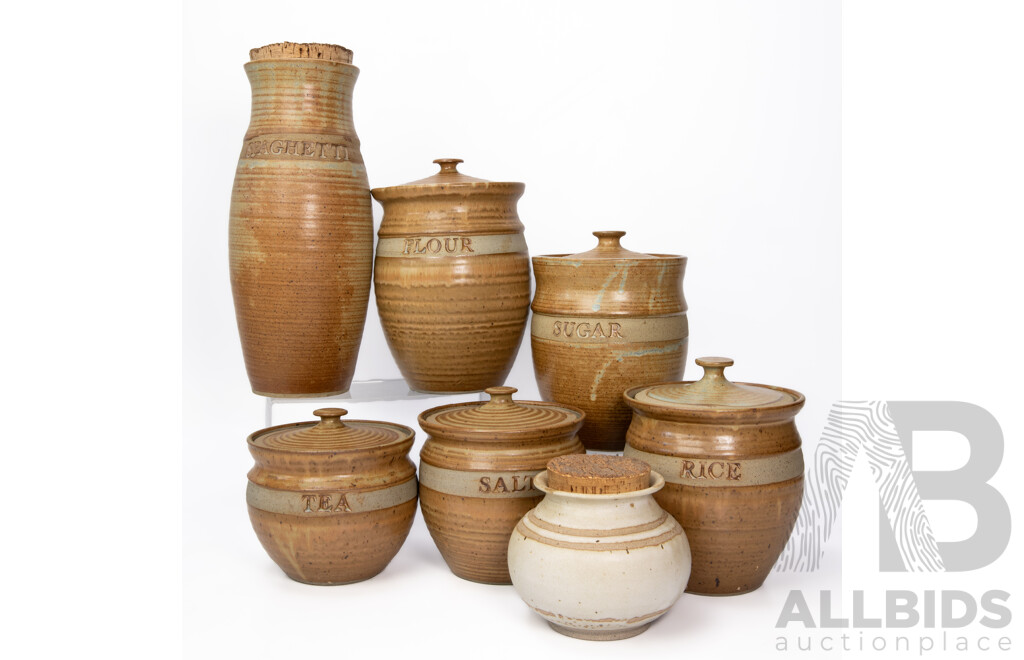 BellTower Pottery Collection of Seven Handmade Kitchen Canisters