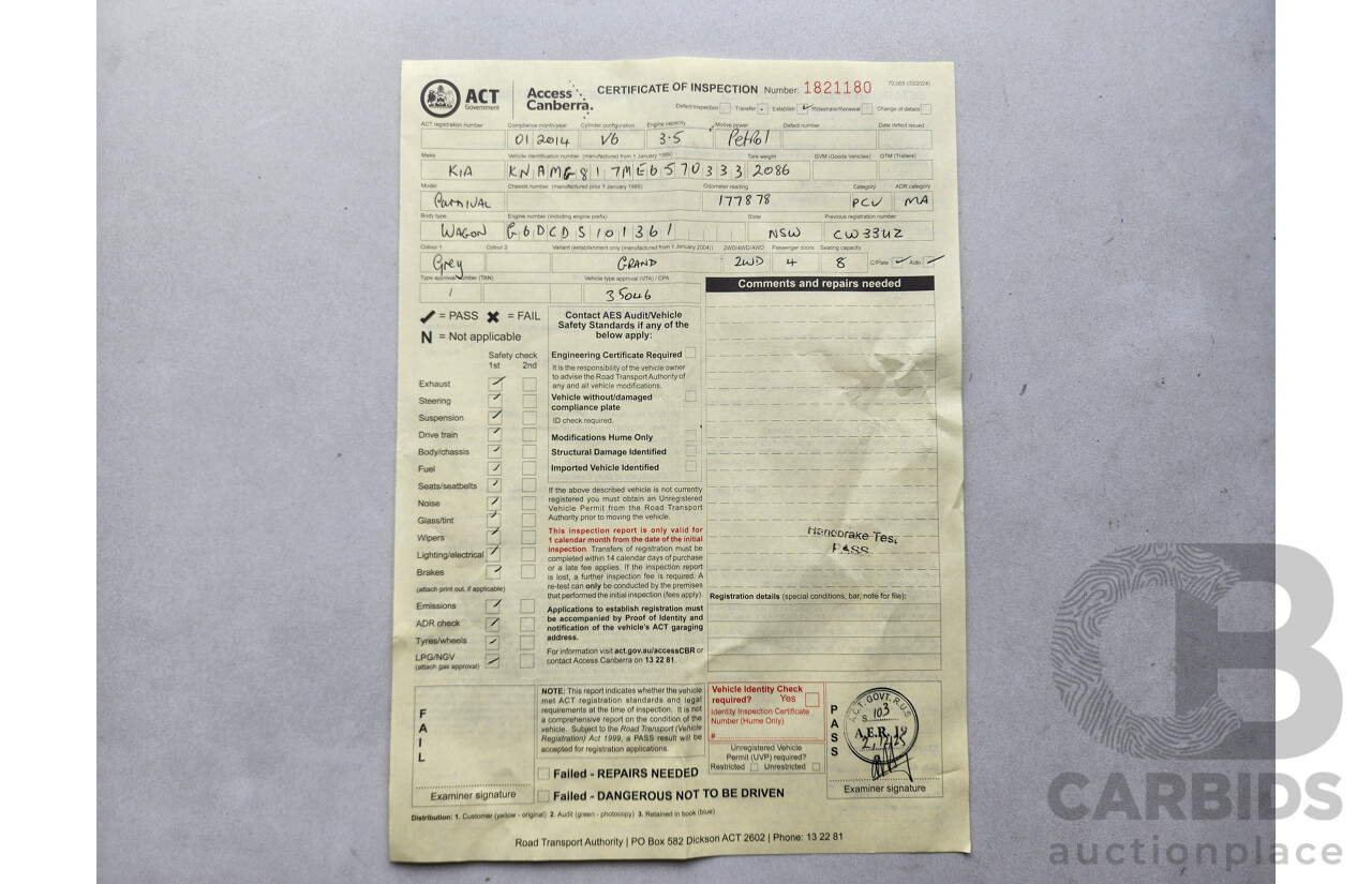 1/2014 Kia Grand Carnival S VQ MY14 4d Wagon Grey 3.5L