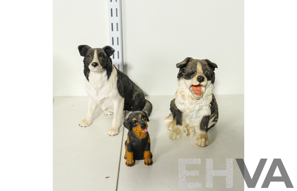 Set of 3 Resin Dog Statue of 2 Border Collies and Rottweiler