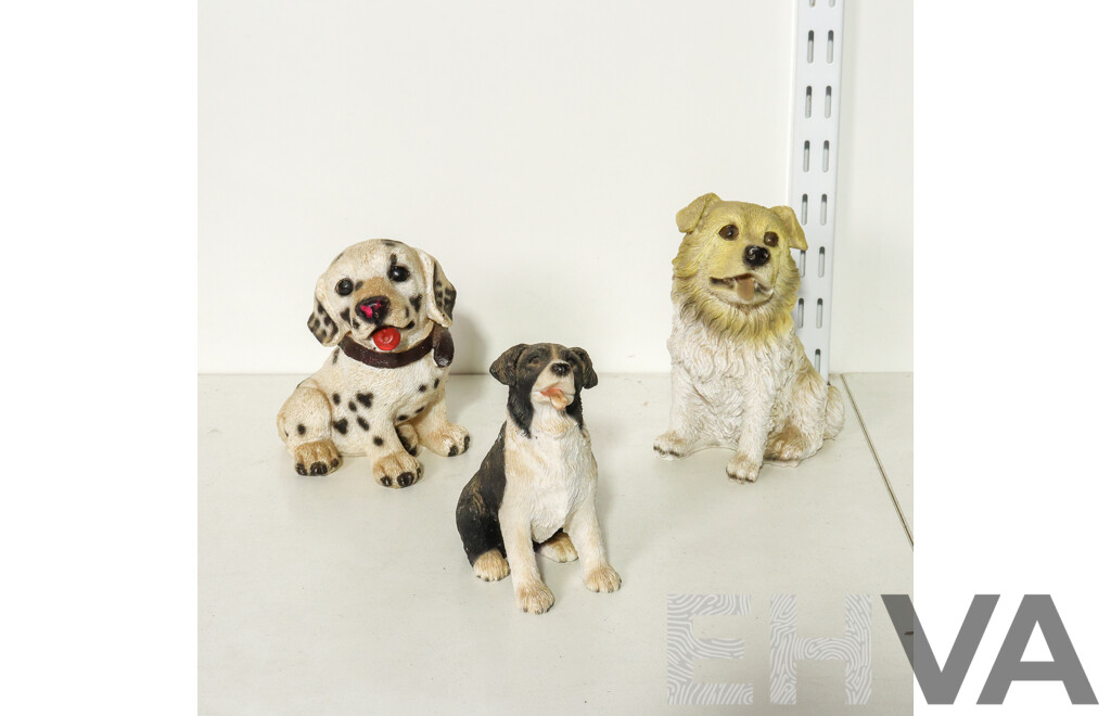 Set of 3 Resin Dog Statue of Border Collie, Golden Retriever, Dalmatian