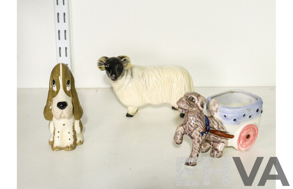 Set of 3 Ceramic Animal Statue of 2 Dogs, Sheep