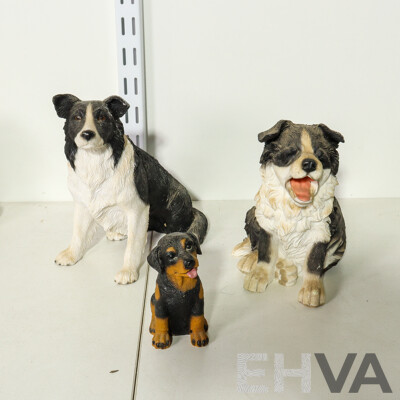 Set of 3 Resin Dog Statue of 2 Border Collies and Rottweiler