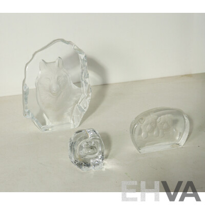 Set of 3 Animal Crystal/Glass Paperweights - Including Bear Cubs, Wolf and Troll