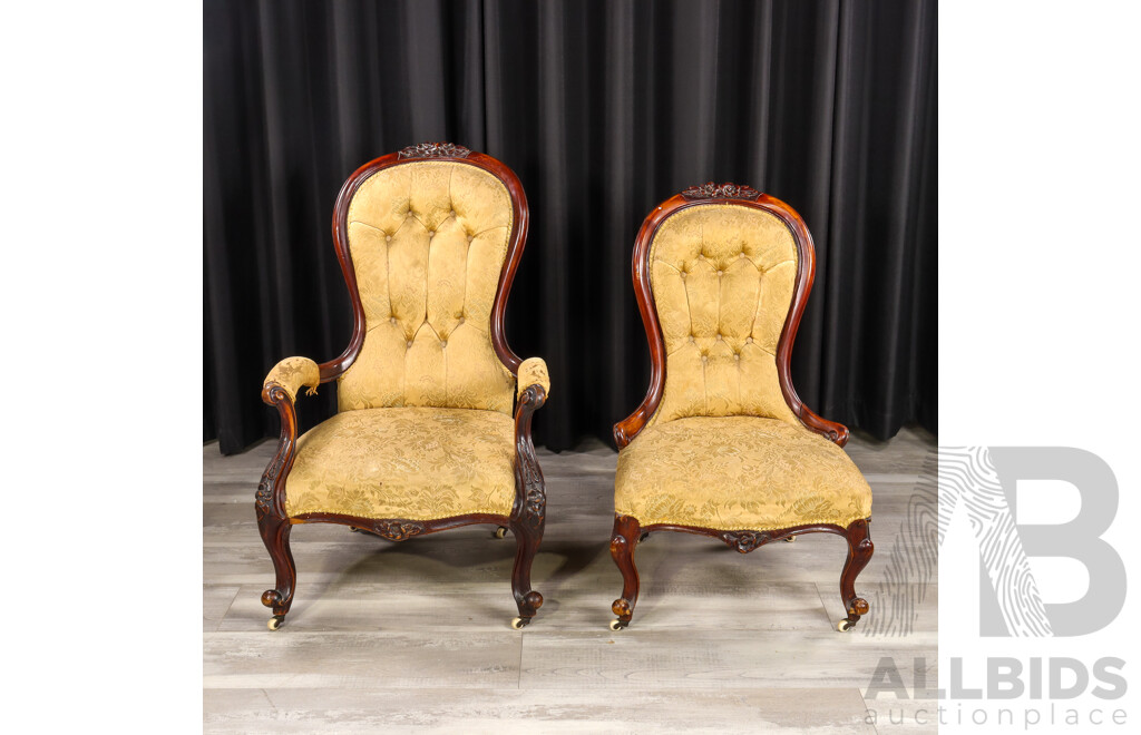 Pair of Victroian Mahogany Grandmother/Grandfather Chairs with Brocade Upholstery