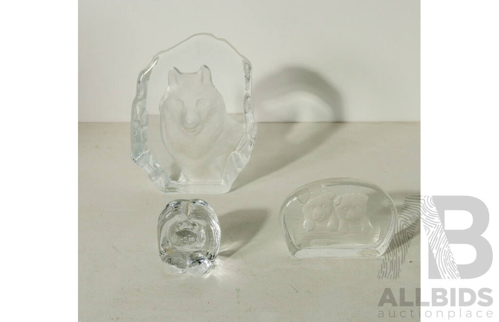 Set of 3 Animal Crystal/Glass Paperweights - Including Bear Cubs, Wolf and Troll
