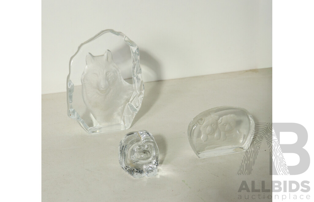Set of 3 Animal Crystal/Glass Paperweights - Including Bear Cubs, Wolf and Troll