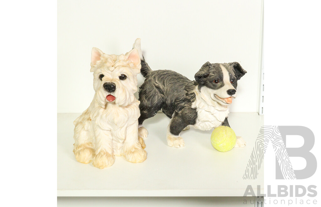 Two Resin Dog Figurines: Terrier and Border Collie with Ball