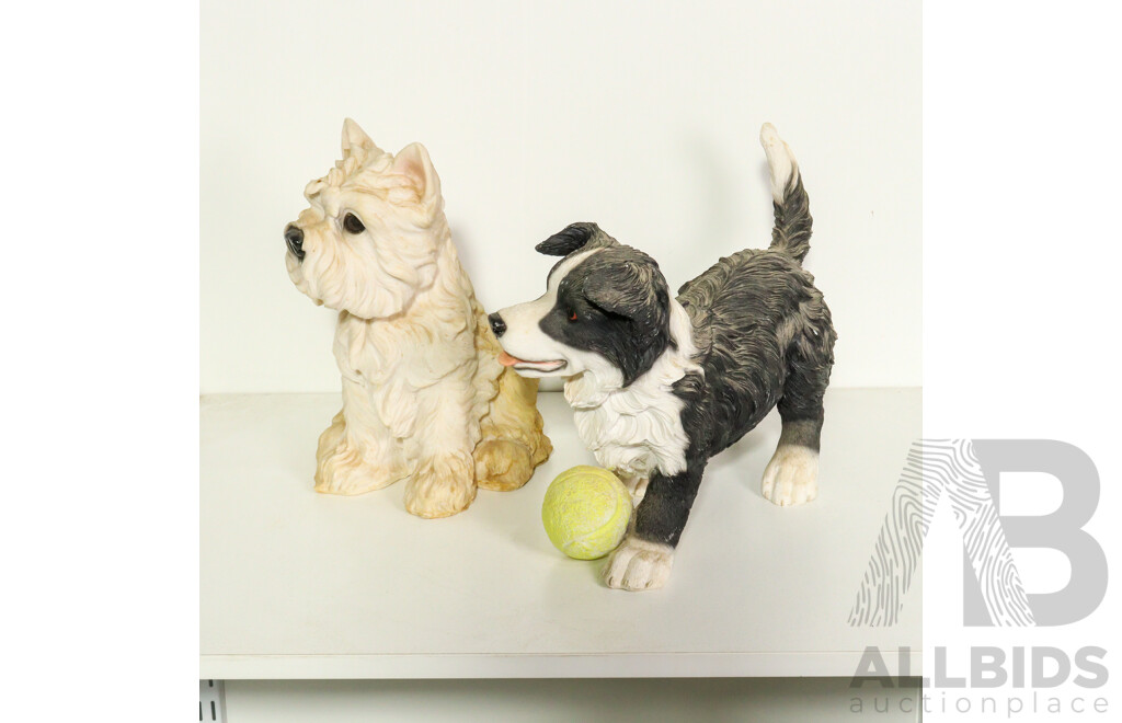Two Resin Dog Figurines: Terrier and Border Collie with Ball