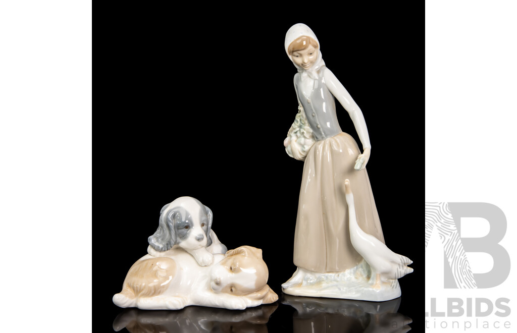 Two NAO by Lladro Porcelain Figurine of Girl Feeding Goose and Two Puppies