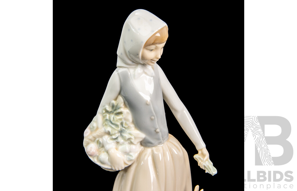 Two NAO by Lladro Porcelain Figurine of Girl Feeding Goose and Two Puppies