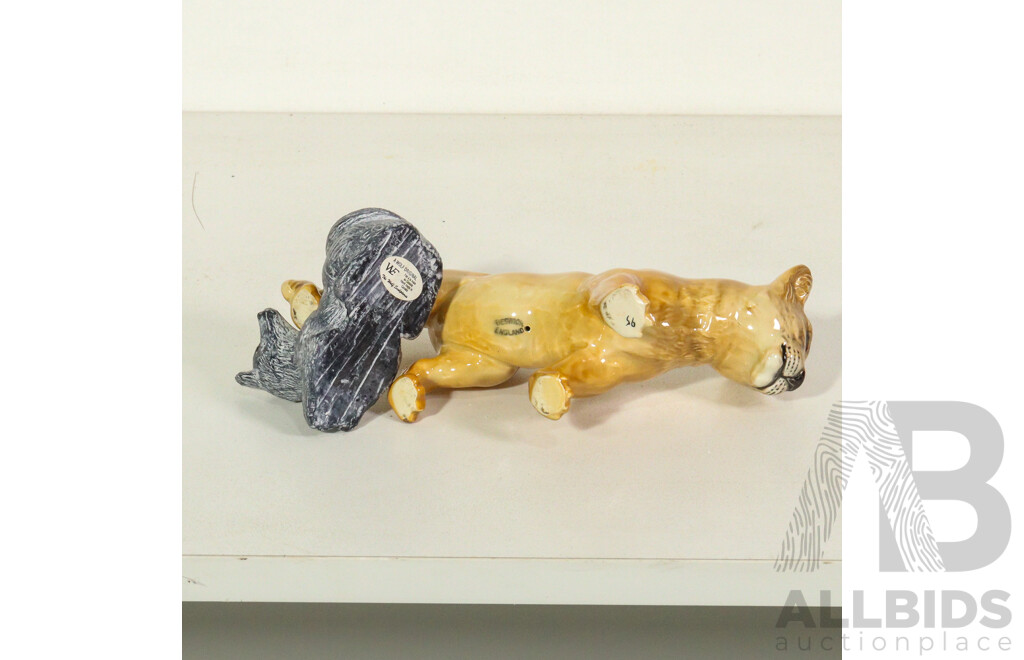 Collection of Porcelain Animals Including Dogs, Lion Cub and Resin Blue Budgie Bird