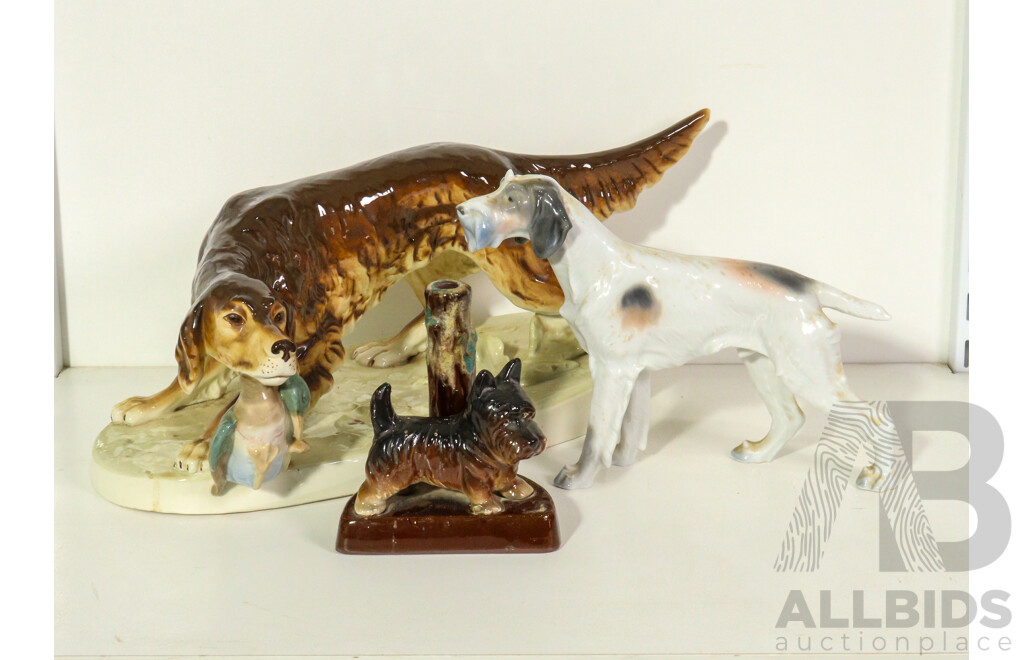 Three Porcelain Dogs Including a Pointer, Terrier and Irish Setter with Duck in Mouth