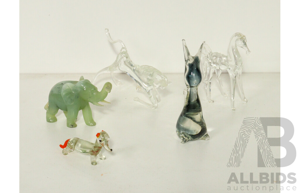 Collection of Glass Animals Including Cats , Horses, Dog and Green Elephant