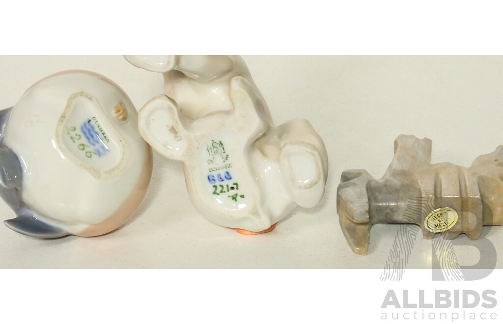 Collection of Ceramic and Wooden Animal Figurines and Cat Picture