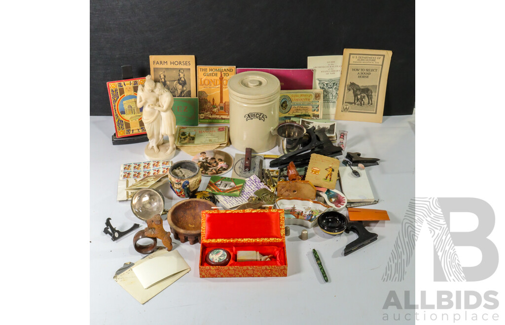 Collection of Mixed Goods Including Chinese Stamp Set, Ceramic Statue, Pillows, Rice Container and More