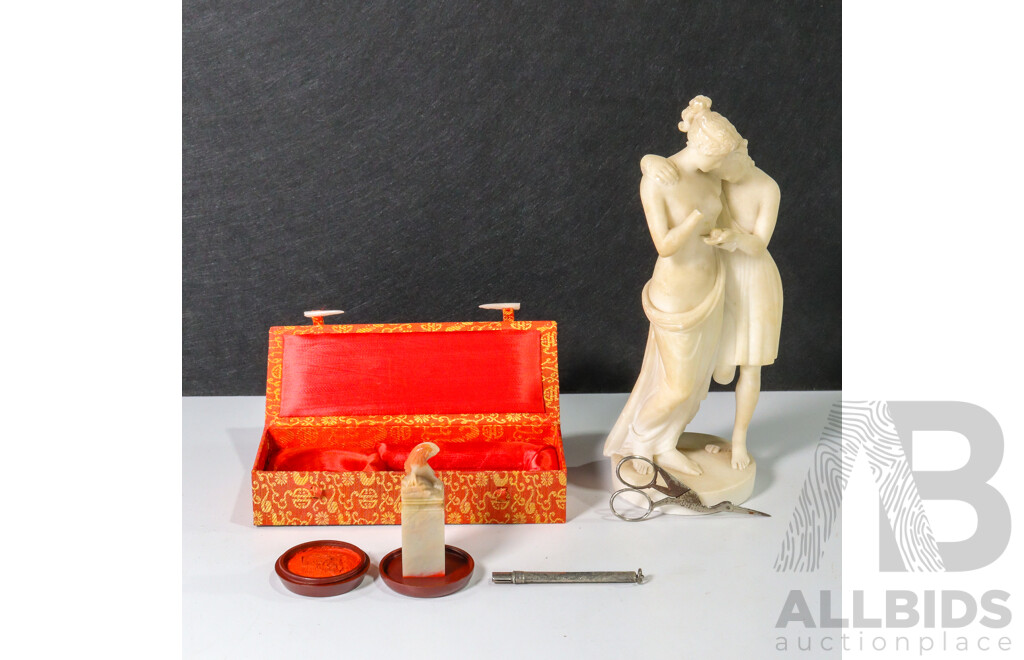 Collection of Mixed Goods Including Chinese Stamp Set, Ceramic Statue, Pillows, Rice Container and More