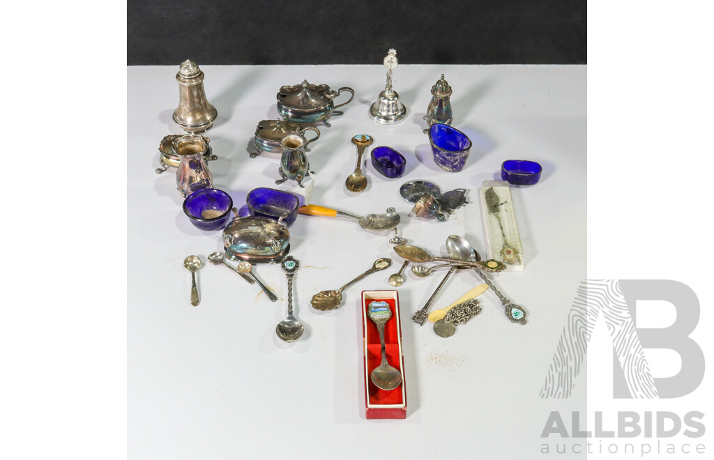Collection of Silver Dining Ware Including Spoons, Salt and Pepper Shakers, Salt Cellar and More