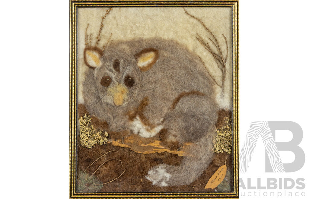 Mona Price, (20th Century), Brush Tailed Possum (2000), Wonderful Original Unscoured Wool & Other Natural Dried Flora, 32 x 27 cm (frame)