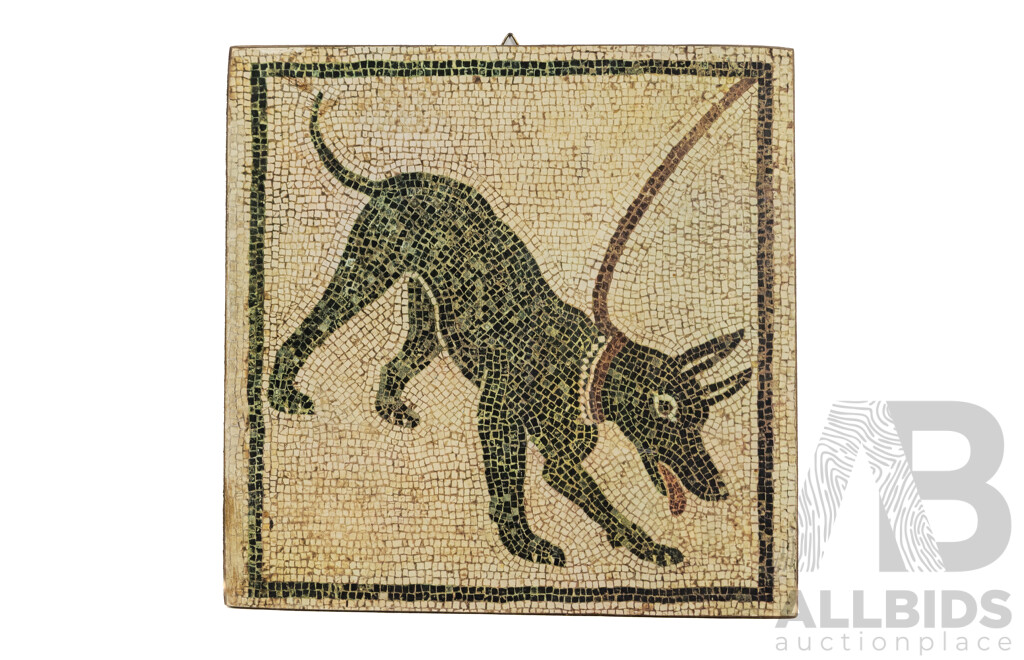 Artist Unknown, (20th Century Reproduction), Dog with Collar on Chain, Reproduction Image of Original Mosaic Found in Pompeii From Museo Archeologico Nazionale - Napoli, Card on Board, 28 6x 28 cm