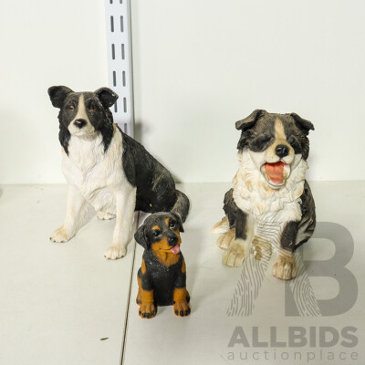 Set of 3 Resin Dog Statue of 2 Border Collies and Rottweiler