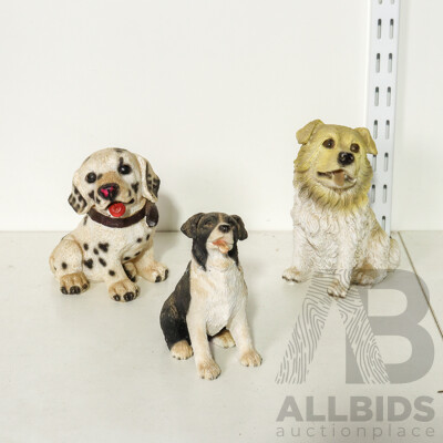 Set of 3 Resin Dog Statue of Border Collie, Golden Retriever, Dalmatian