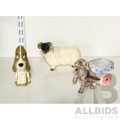 Set of 3 Ceramic Animal Statue of 2 Dogs, Sheep