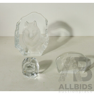 Set of 3 Animal Crystal/Glass Paperweights - Including Bear Cubs, Wolf and Troll