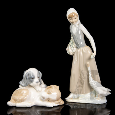 Two NAO by Lladro Porcelain Figurine of Girl Feeding Goose and Two Puppies