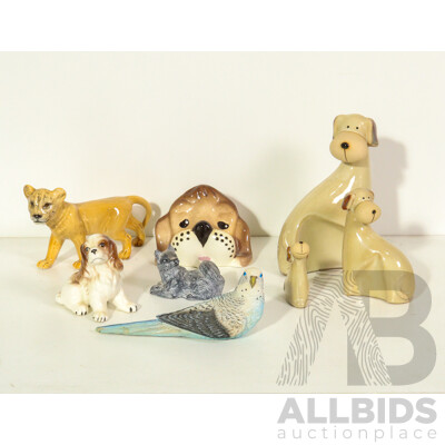 Collection of Porcelain Animals Including Dogs, Lion Cub and Resin Blue Budgie Bird